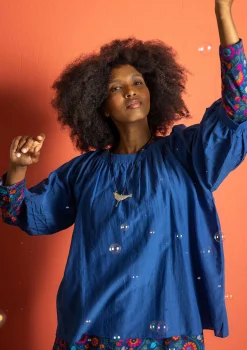 Sale Gudrun Sjödén Bluse aus Baumwolle/Seide indigoblau